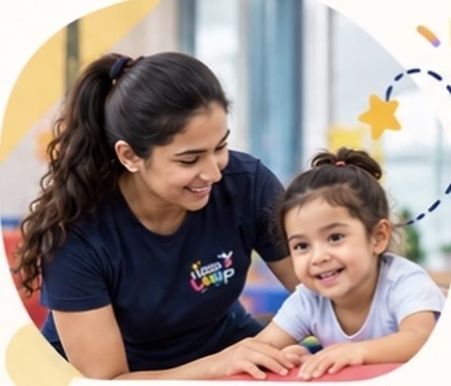 Gymnastics coach encouraging a young child during a class