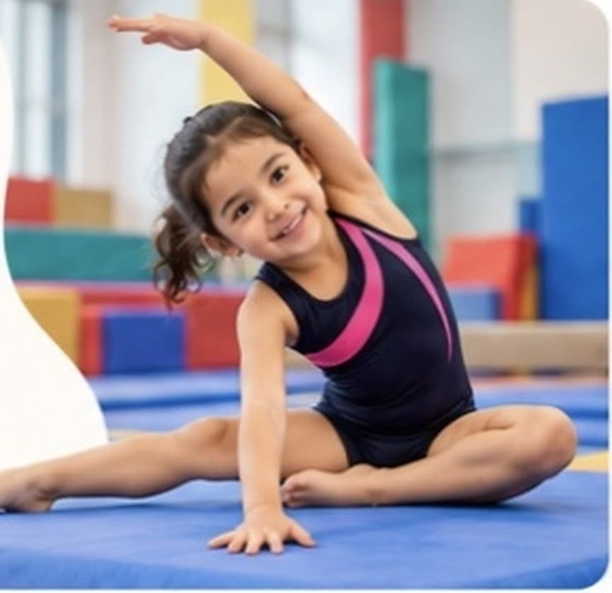 Young gymnast stretching on a blue floor mat