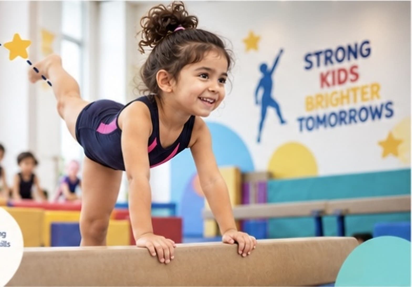 Young gymnast smiling while balancing on a beam